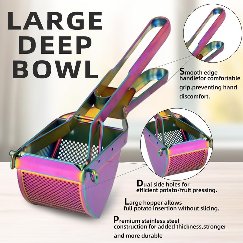 QRU Large Potato Ricer, Heavy Duty Stainless Steel Potato Masher for Commercial and Home Use, Fruit Press Baby Food Masher (Rainbow) - Image 3