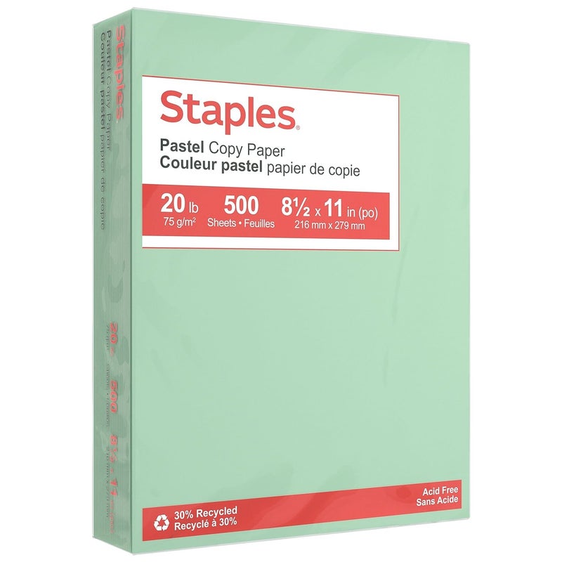 Staples Pastel 30% Recycled Color Copy Paper, 20 Lbs., 8.5"" X 11"", Green, 500/Ream (14781) - Image 1