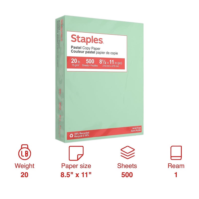 Staples Pastel 30% Recycled Color Copy Paper, 20 Lbs., 8.5"" X 11"", Green, 500/Ream (14781) - Image 2