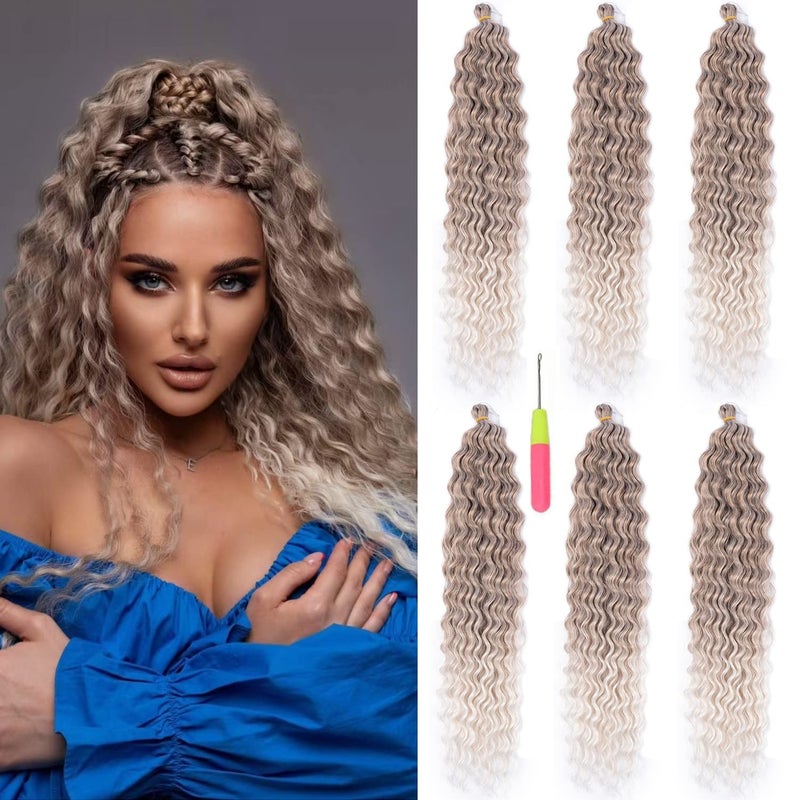 MAYSA Brown Curly Braiding Crochet Hair Extensions Synthetic Ocean Wave Crochet Hair 22inch 6Packs Ombre Crochet Hair Extension for Women 1056c Brown mix Blond