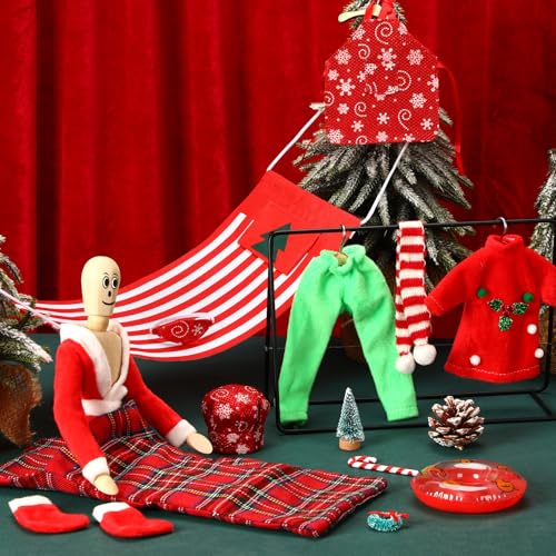 UPINS 14 Pcs Christmas Elf Doll Accessories Set with Sleeping Bag Bathrobe Top Pants Apron Chef Hat Scarf Swimming Circle Hammock Xmas Accessory for Doll Decorations - Image 4