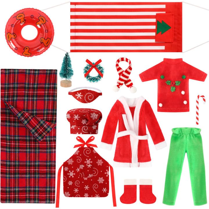 UPINS 14 Pcs Christmas Elf Doll Accessories Set with Sleeping Bag Bathrobe Top Pants Apron Chef Hat Scarf Swimming Circle Hammock Xmas Accessory for Doll Decorations - Image 1