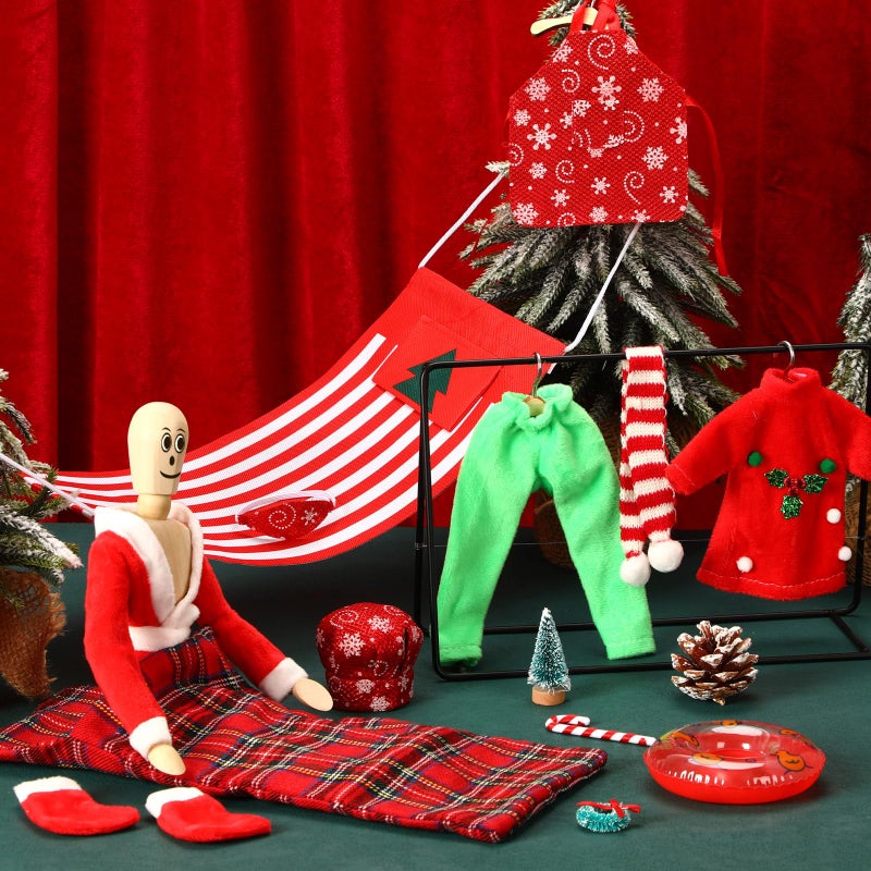 UPINS 14 Pcs Christmas Elf Doll Accessories Set with Sleeping Bag Bathrobe Top Pants Apron Chef Hat Scarf Swimming Circle Hammock Xmas Accessory for Doll Decorations - Image 5