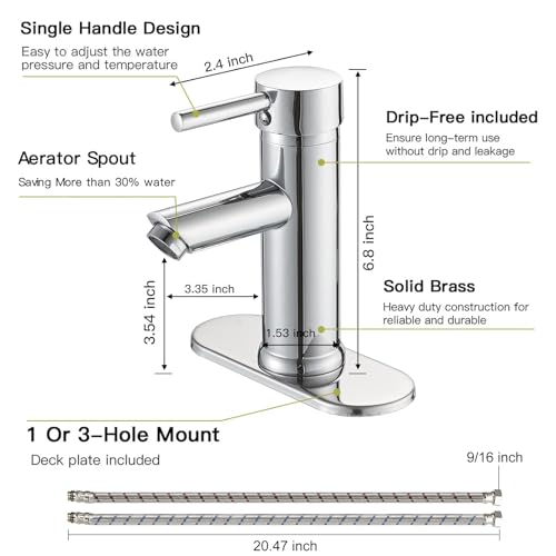 Green Spring Greenspring Chrome Bathroom Faucet 1 Hole, Single Lever Bathroom Sink Faucets Modern Deck Mount One Hole Lavatory Vanity Faucet with Deck Plate and Supply Line, Brass - Image 2