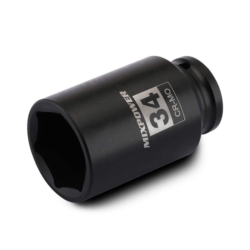 MIXPOWER 1/2" Drive Deep Impact Socket, CR-MO, 34 mm, 6 Point, Axle Nut Impact Grade Socket for Easy Removal