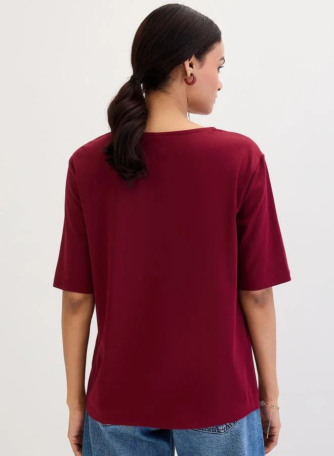Femmella Maroon V Neck Basic T- Shirt