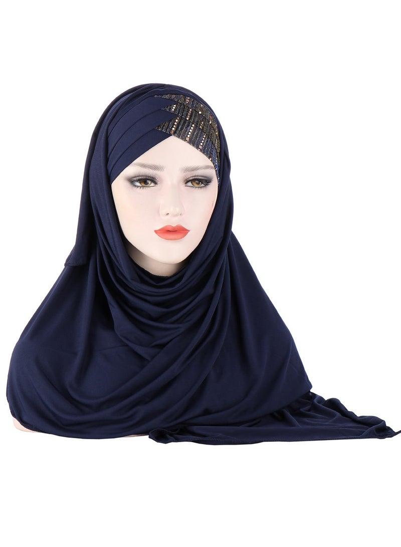Long Hijab for Women,Glitter Sequin Forehead  Turban Hijabs,Long Scarf,Fashion Chiffon Scarf,Premium Headscarf for Women and Girls(Navy Blue)