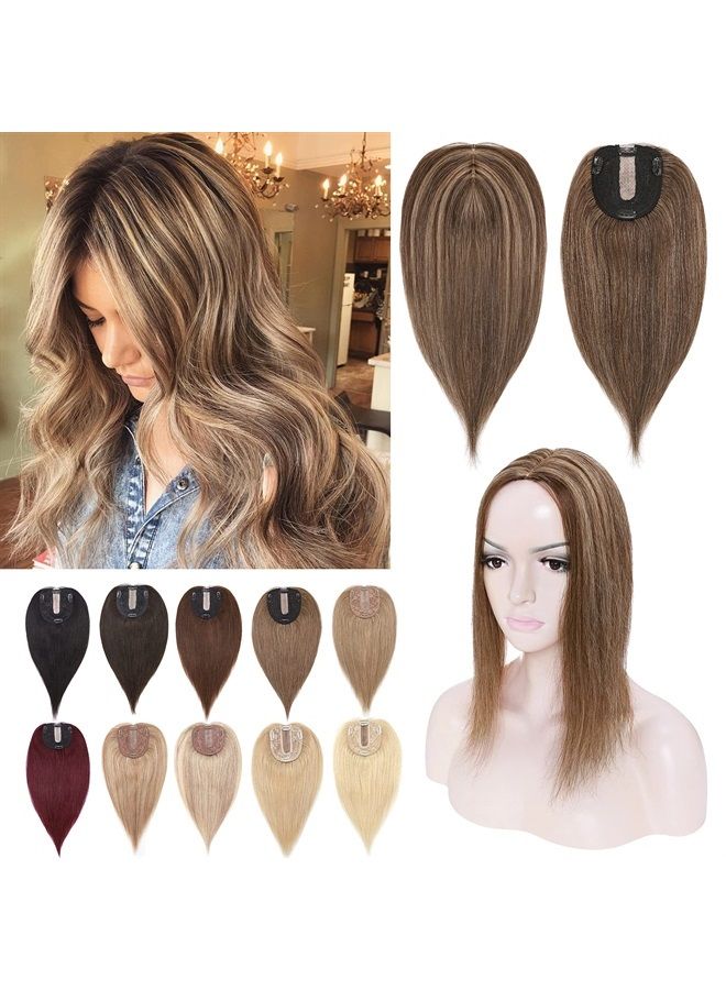 SEGO Hair Toppers for Women Real Human Hair No Bangs 130% Density 10 * 12CM Silk Base 100% Remy Human Hair Clip in Top Wiglet Hair Pieces for Thinning Hair-6 Inch Medium Brown&Dark Blonde - Image 1