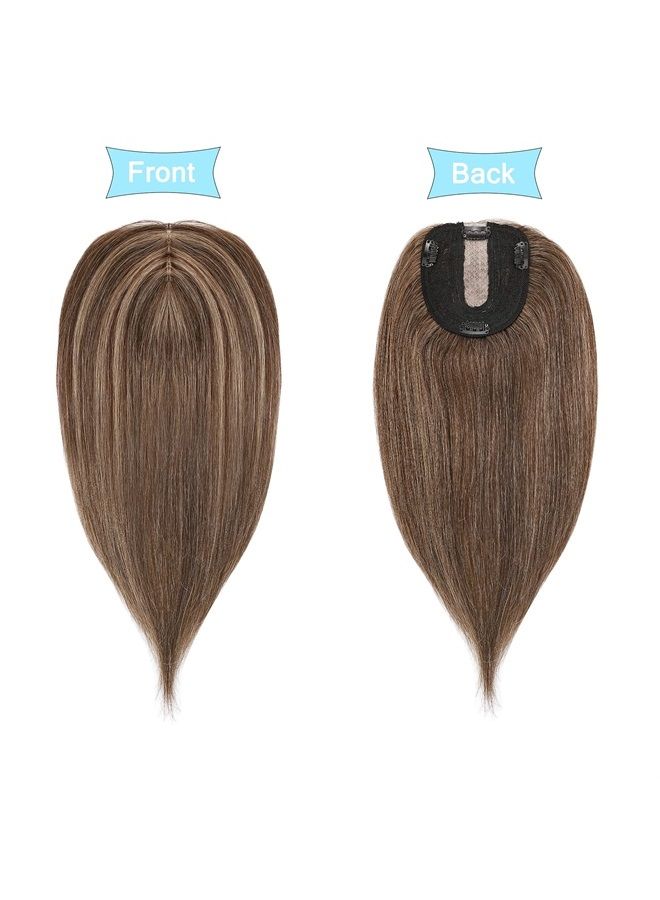 SEGO Hair Toppers for Women Real Human Hair No Bangs 130% Density 10 * 12CM Silk Base 100% Remy Human Hair Clip in Top Wiglet Hair Pieces for Thinning Hair-6 Inch Medium Brown&Dark Blonde - Image 2