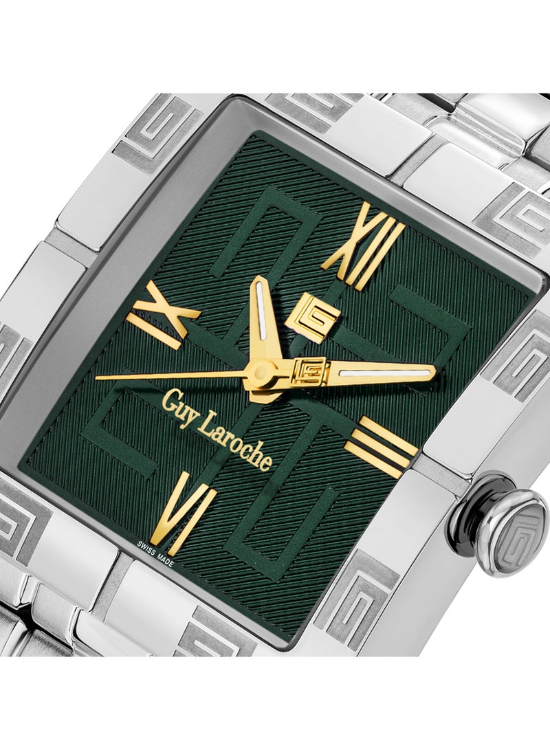 Guy Laroche ساعة كاميل للرجال 31 مم مصنوعة في سويسرا بقرص مربع أخضر وسوار من الفولاذ المقاوم للصدأ - Image 3