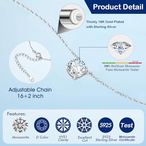 SecreTalk 1-5CT Moissanite Pendant Necklace for Women, 4-Prong 925 Sterling Silver D Color Necklace with Certificate of Authenticity (2CT, White Gold Plated Silver) - Image 3