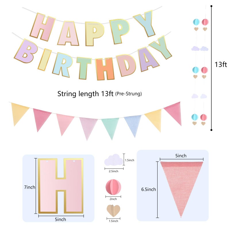 ZoZac Pre-Strung Happy Birthday Banner and Decorations - Girls Toddler Birthday Decorations - 3D Garland with Pennant Banner Flags Pastel - Image 4