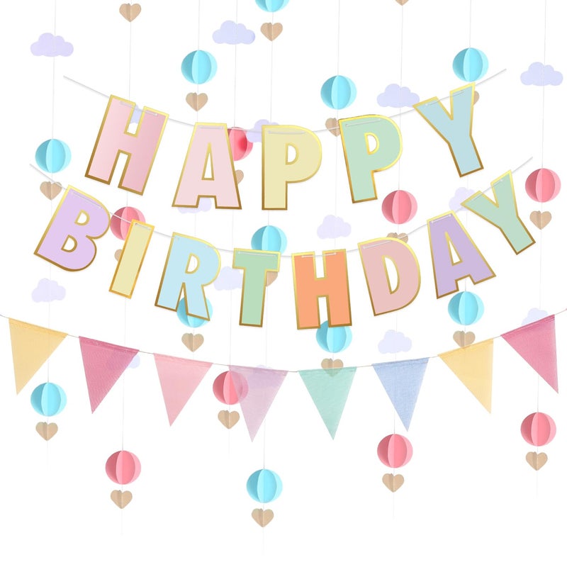 ZoZac Pre-Strung Happy Birthday Banner and Decorations - Girls Toddler Birthday Decorations - 3D Garland with Pennant Banner Flags Pastel - Image 1