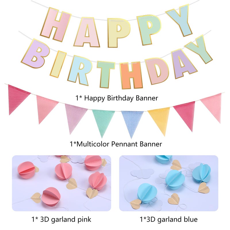 ZoZac Pre-Strung Happy Birthday Banner and Decorations - Girls Toddler Birthday Decorations - 3D Garland with Pennant Banner Flags Pastel - Image 5