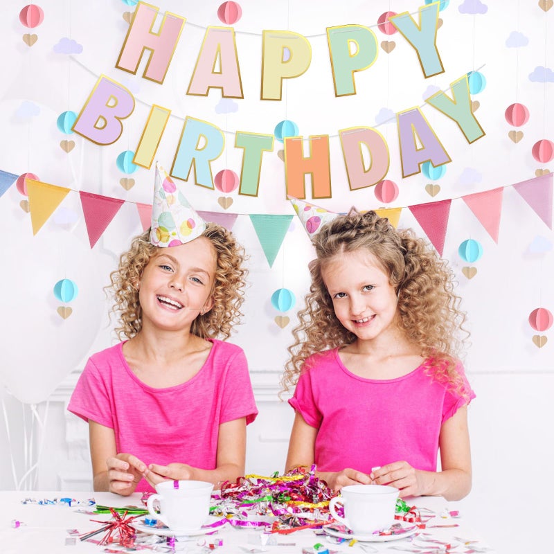 ZoZac Pre-Strung Happy Birthday Banner and Decorations - Girls Toddler Birthday Decorations - 3D Garland with Pennant Banner Flags Pastel - Image 3