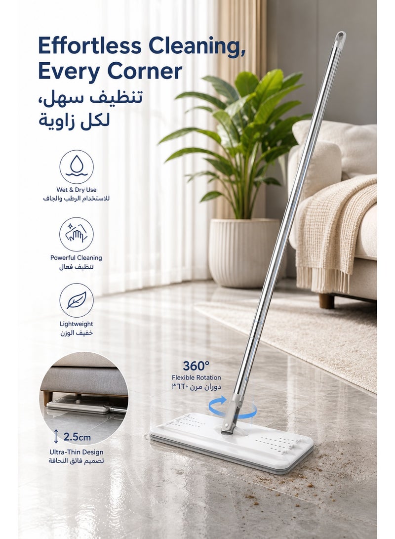 ممسحة أرضيات مع 4 مناديل مايكروفايبر قابلة للغسل، ممسحة غبار وممسحة شديدة التحمل، امتصاص قوي للغبار والشعر مناسب لمناخ الشرق الأوسط الرملي، تنظيف بدون استخدام اليدين، رأس ممسحة كبير، عصا تلسكوبية، مادة سميكة مقاومة للتآكل وماصة للماء، مناسبة للعائلات، الفيلات، الشقق، الفنادق، المساجد والاستخدام التجاري - Image 1