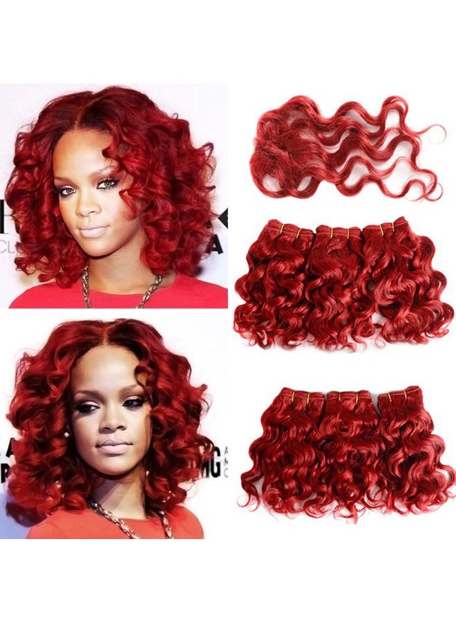 VIOLET Hair Short Curly Human Hair Bundles with Closure 100% Brazilian Curly Hair Weave Full Head Wavy Bundles 8 inch Burgundy Human Hair Extension - Image 1