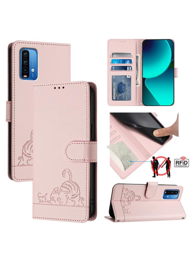 erorex Case For Xiaomi Redmi 9T Global Cat Rat Embossed Pattern RFID Leather Phone Case with Lanyard - Image 1