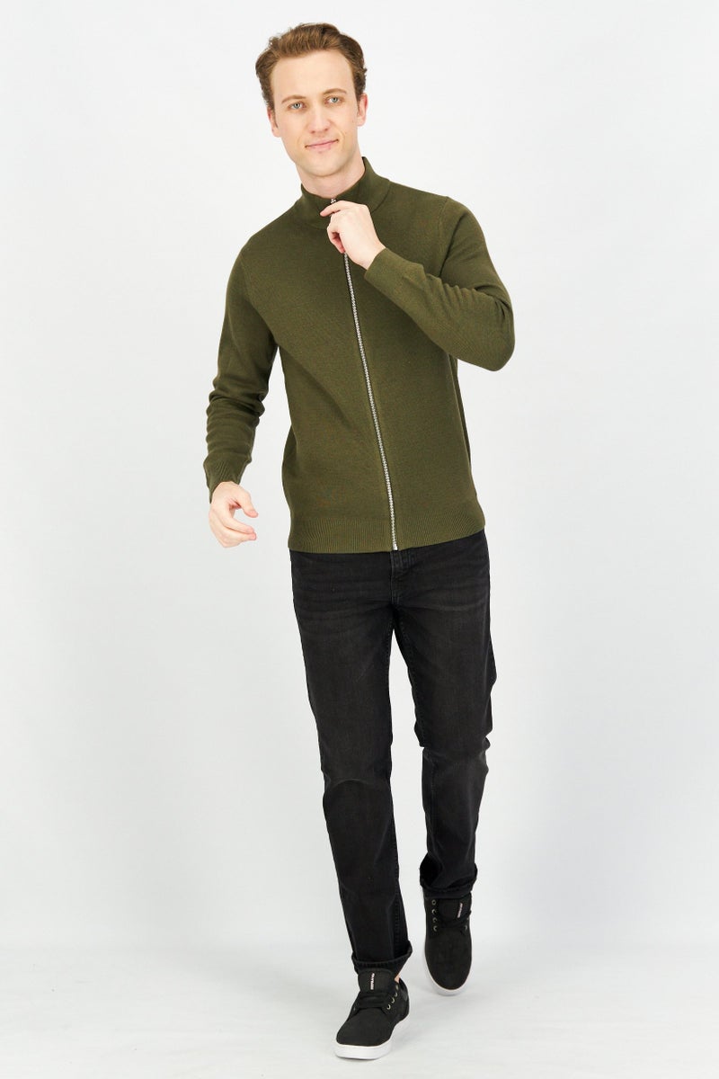 Celio Men High Neck Long Sleeve Knitted Cardigan, Green  - Image 3