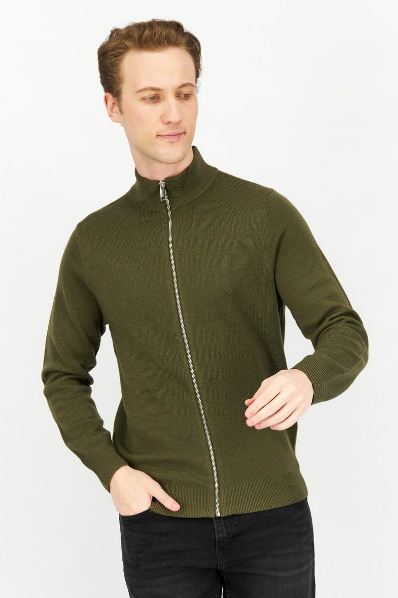 Celio Men High Neck Long Sleeve Knitted Cardigan, Green  - Image 1