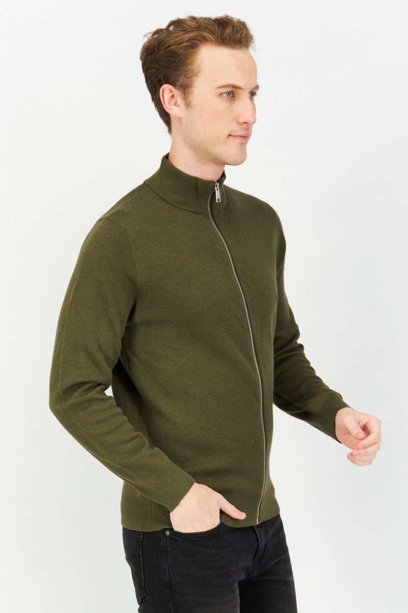 Celio Men High Neck Long Sleeve Knitted Cardigan, Green - Image 2