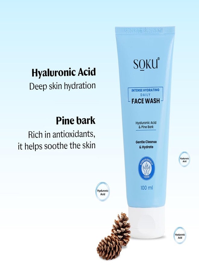 SOKU Intense Hydrating Daily Face Wash | With Hyaluronic Acid and Pine Bark Extract | Suitable For Dry Skin | Pore Cleansing & Dirt Control | Men & Women - 100 ml (Pack of 2) - Image 4