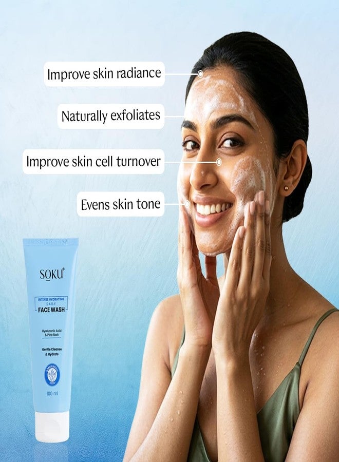 SOKU Intense Hydrating Daily Face Wash | With Hyaluronic Acid and Pine Bark Extract | Suitable For Dry Skin | Pore Cleansing & Dirt Control | Men & Women - 100 ml (Pack of 2) - Image 3