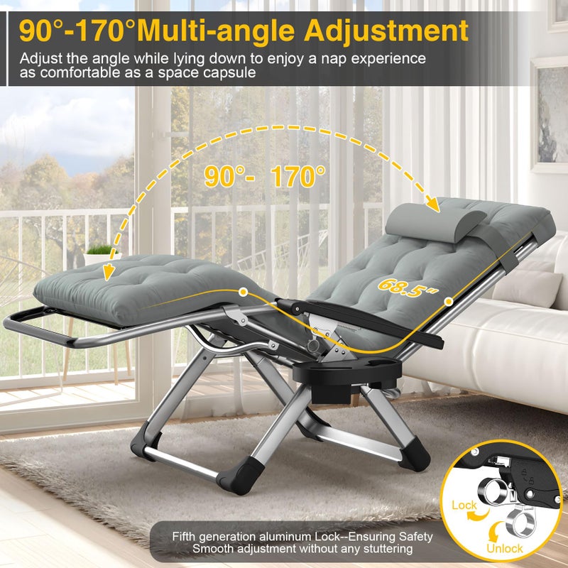Suteck Zero Gravity Chair, Reclining Camping Lounge Chair with Aluminum Alloy Lock, Folding Patio Recliner w/Removable Pad, Adjustable Headrest and Side Tray for Outdoor Patio, Lawn, and Camping - Image 4