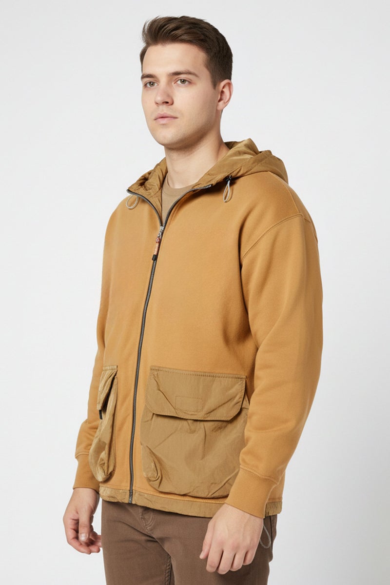 Aries Men Long Sleeves Plain Hooded Sweatshirt, Tan - Image 3