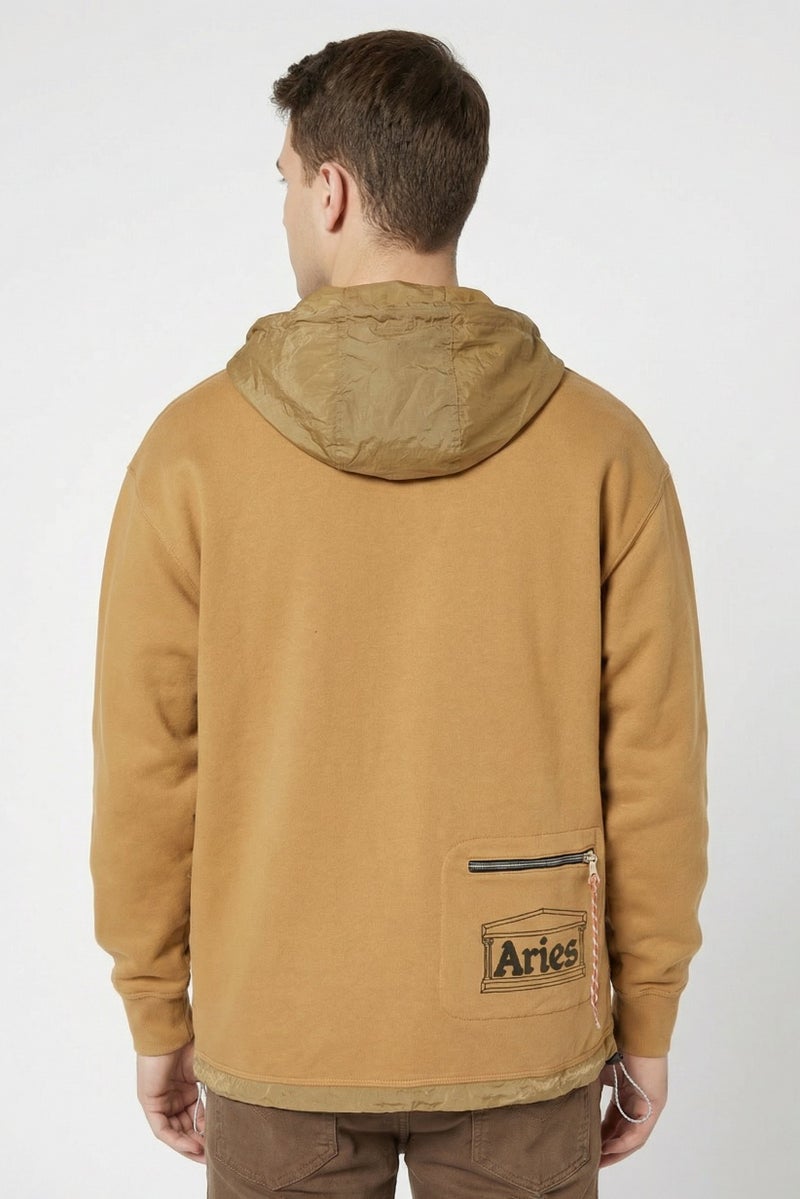 Aries Men Long Sleeves Plain Hooded Sweatshirt, Tan - Image 4