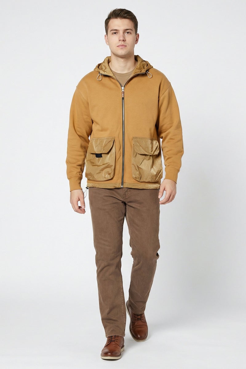 Aries Men Long Sleeves Plain Hooded Sweatshirt, Tan - Image 2