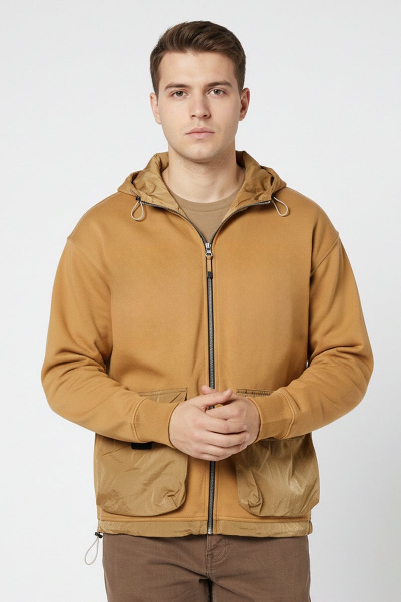 Aries Men Long Sleeves Plain Hooded Sweatshirt, Tan - Image 1
