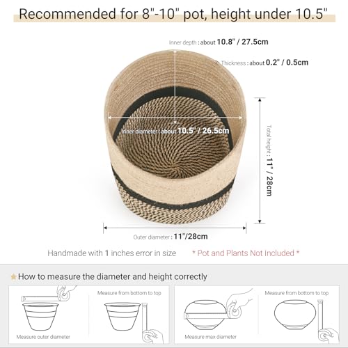Dahey Jute Rope Plant Basket Modern Woven Storage Basket for 10.5" Indoor Planter, Decorative Flower Pots Cover Laundry Bin with Handle Rustic Home Decor, Black - Image 3