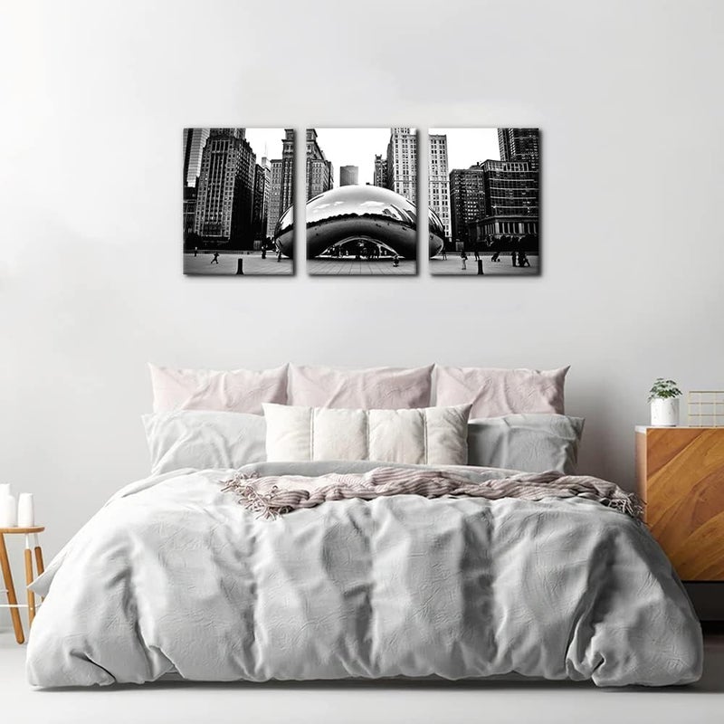 Pacimo 3 Pieces Black and White Wall Art - The Millennium Park in Downtown Chicago Photograph Picture Print on Canvas - Cloud Gate Canvas Wall Art for Modern Home Decor Ready to Hang - 12" x 16" x 3 - Image 3