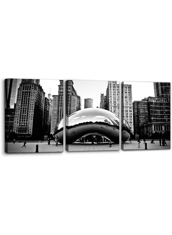 Pacimo 3 Pieces Black and White Wall Art - The Millennium Park in Downtown Chicago Photograph Picture Print on Canvas - Cloud Gate Canvas Wall Art for Modern Home Decor Ready to Hang - 12" x 16" x 3 - Image 1
