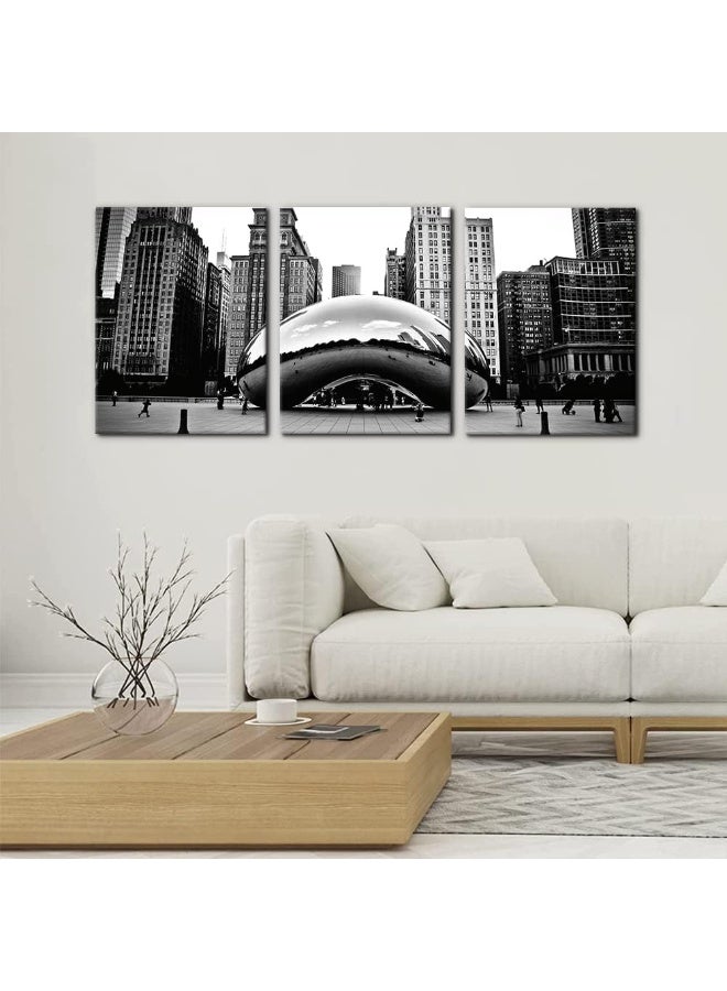Pacimo 3 Pieces Black and White Wall Art - The Millennium Park in Downtown Chicago Photograph Picture Print on Canvas - Cloud Gate Canvas Wall Art for Modern Home Decor Ready to Hang - 12" x 16" x 3 - Image 2