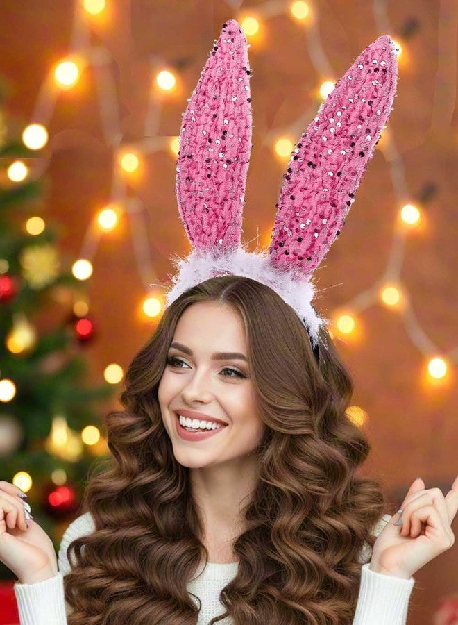 Foyte Bunny Ears Headband Fluffy Rabbit Hair bands Sequins Long Ears Prom Cosplay Hair Accessories for Women (pink, one-size) - Image 4