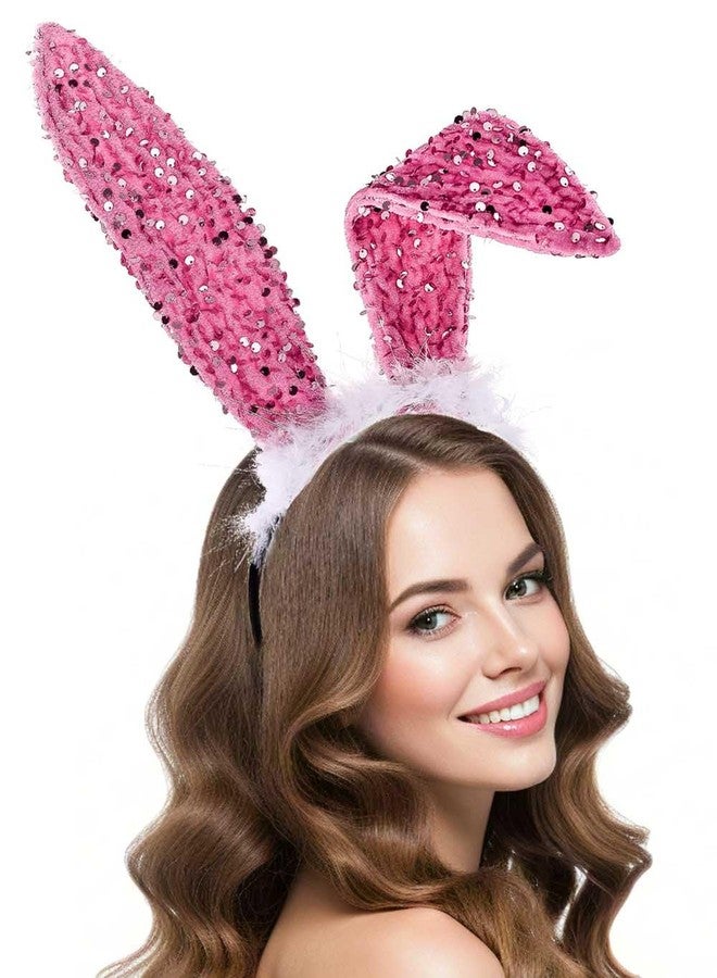 Foyte Bunny Ears Headband Fluffy Rabbit Hair bands Sequins Long Ears Prom Cosplay Hair Accessories for Women (pink, one-size) - Image 1