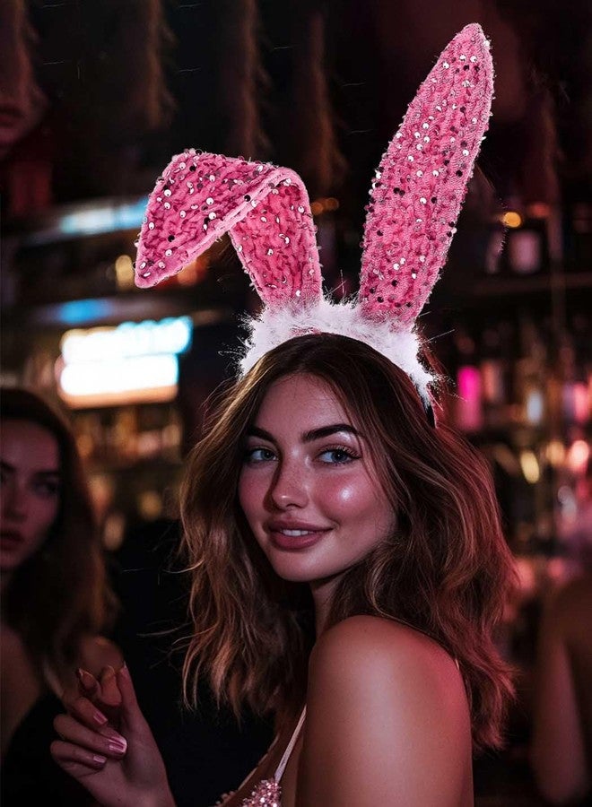 Foyte Bunny Ears Headband Fluffy Rabbit Hair bands Sequins Long Ears Prom Cosplay Hair Accessories for Women (pink, one-size) - Image 2