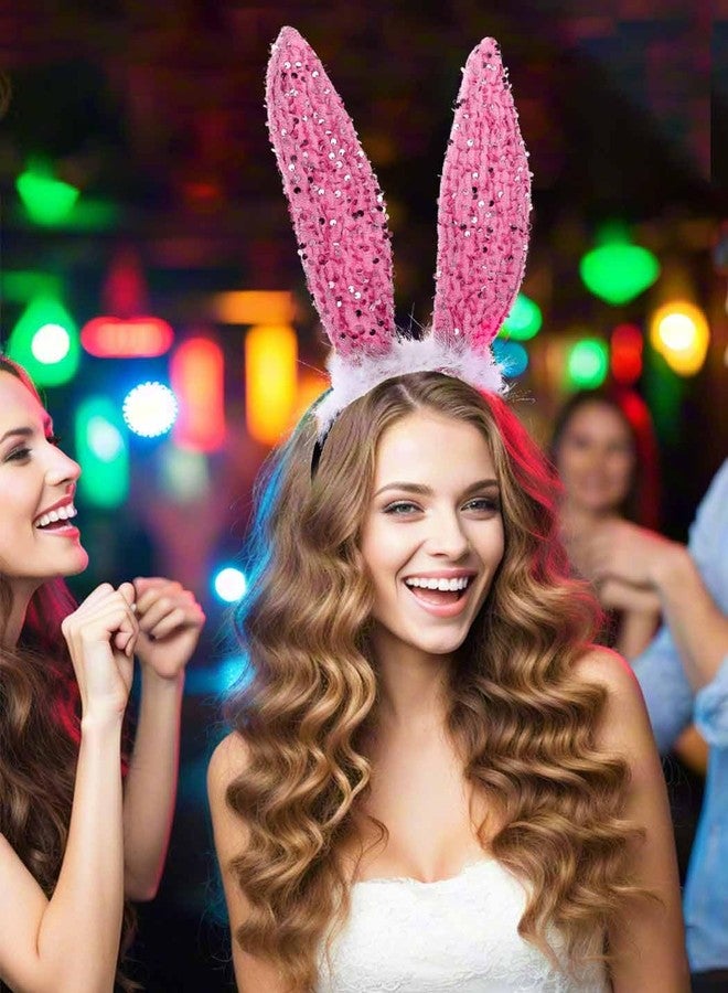 Foyte Bunny Ears Headband Fluffy Rabbit Hair bands Sequins Long Ears Prom Cosplay Hair Accessories for Women (pink, one-size) - Image 5