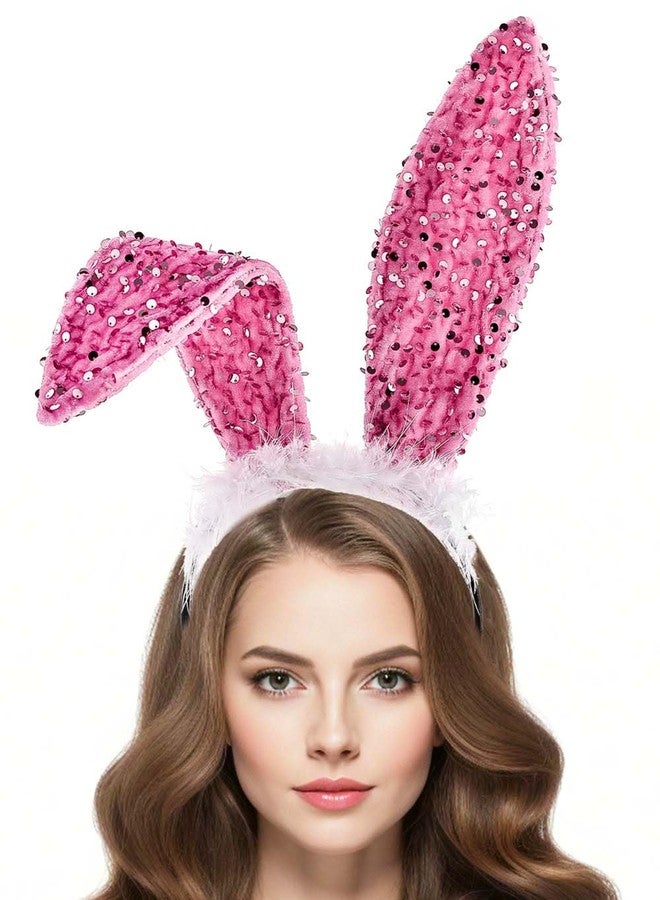 Foyte Bunny Ears Headband Fluffy Rabbit Hair bands Sequins Long Ears Prom Cosplay Hair Accessories for Women (pink, one-size) - Image 3