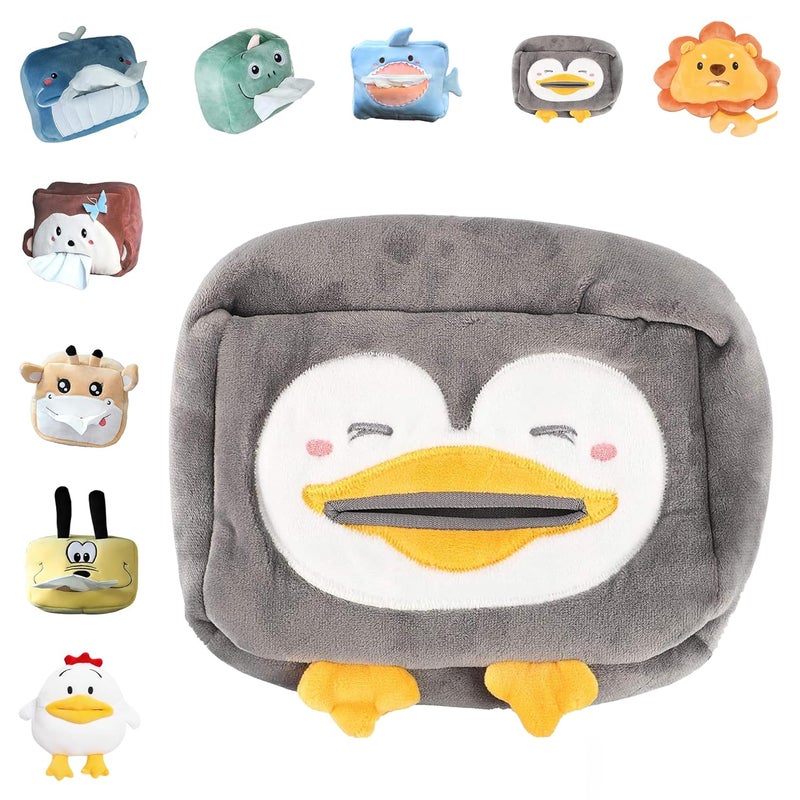 MULZI Stylish Velvet Car Tissue Box Holder for Car Animal Faces Cute Cartoon Multifunctional Portable Car Tissue Paper Holder for Car Interior Decoration Accessories (Penguin) - Image 1