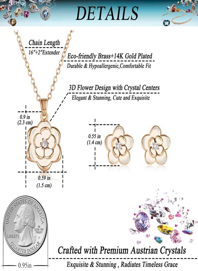 إيفيفك طقم مجوهرات EVEVIC Dainty Flower Pendant Necklace Earrings for Women 14K Gold Plated Austreed Anti-occurense (White/Rosed-tone) - Image 4