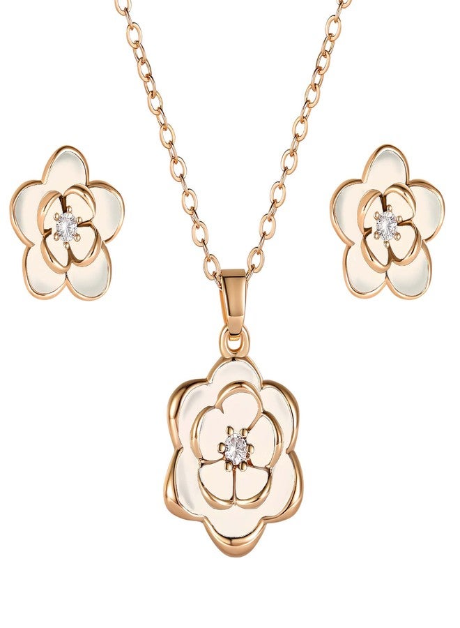 إيفيفك طقم مجوهرات EVEVIC Dainty Flower Pendant Necklace Earrings for Women 14K Gold Plated Austreed Anti-occurense (White/Rosed-tone) - Image 1