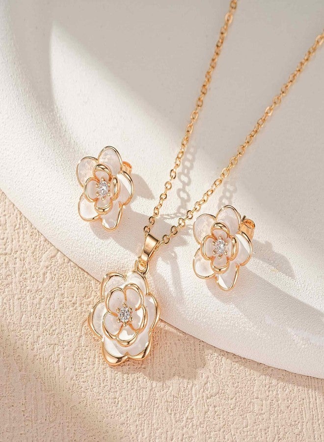 إيفيفك طقم مجوهرات EVEVIC Dainty Flower Pendant Necklace Earrings for Women 14K Gold Plated Austreed Anti-occurense (White/Rosed-tone) - Image 5