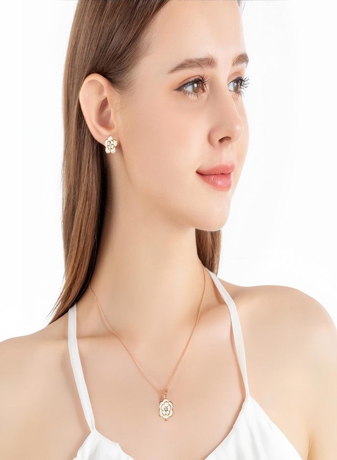 إيفيفك طقم مجوهرات EVEVIC Dainty Flower Pendant Necklace Earrings for Women 14K Gold Plated Austreed Anti-occurense (White/Rosed-tone) - Image 2