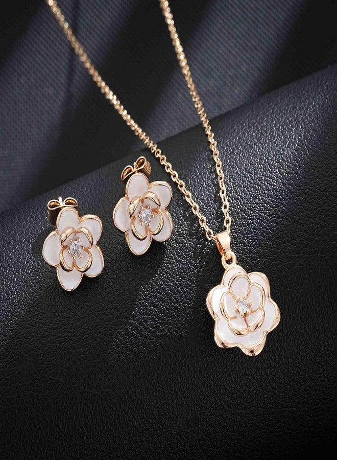 إيفيفك طقم مجوهرات EVEVIC Dainty Flower Pendant Necklace Earrings for Women 14K Gold Plated Austreed Anti-occurense (White/Rosed-tone) - Image 3
