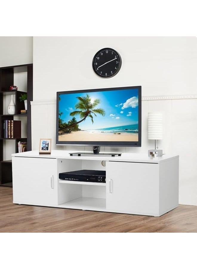 MODERN HOME Modern TV Stand with 2 Doors and Open Shelf – White Wood Storage Unit for Wide Screen TVs, 120x30x40cm  - Image 1