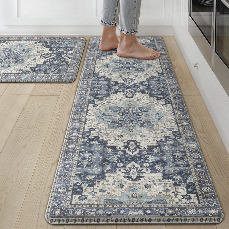 GENIMO Kitchen Mats for Floor 2PCs, Washable Anti Fatigue Mat for Cushioned, 17.3"x59"+17.3"x30", Waterproof Kitchen Rugs, Non Slip Comfort Standing Mat Rug for Home, Sink, Laundry, Center Blue - Image 1