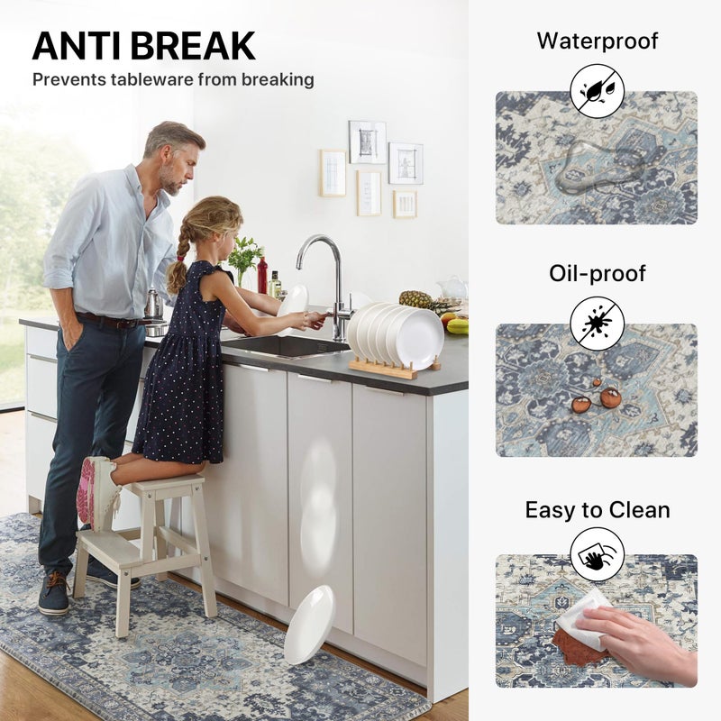GENIMO Kitchen Mats for Floor 2PCs, Washable Anti Fatigue Mat for Cushioned, 17.3"x59"+17.3"x30", Waterproof Kitchen Rugs, Non Slip Comfort Standing Mat Rug for Home, Sink, Laundry, Center Blue - Image 5